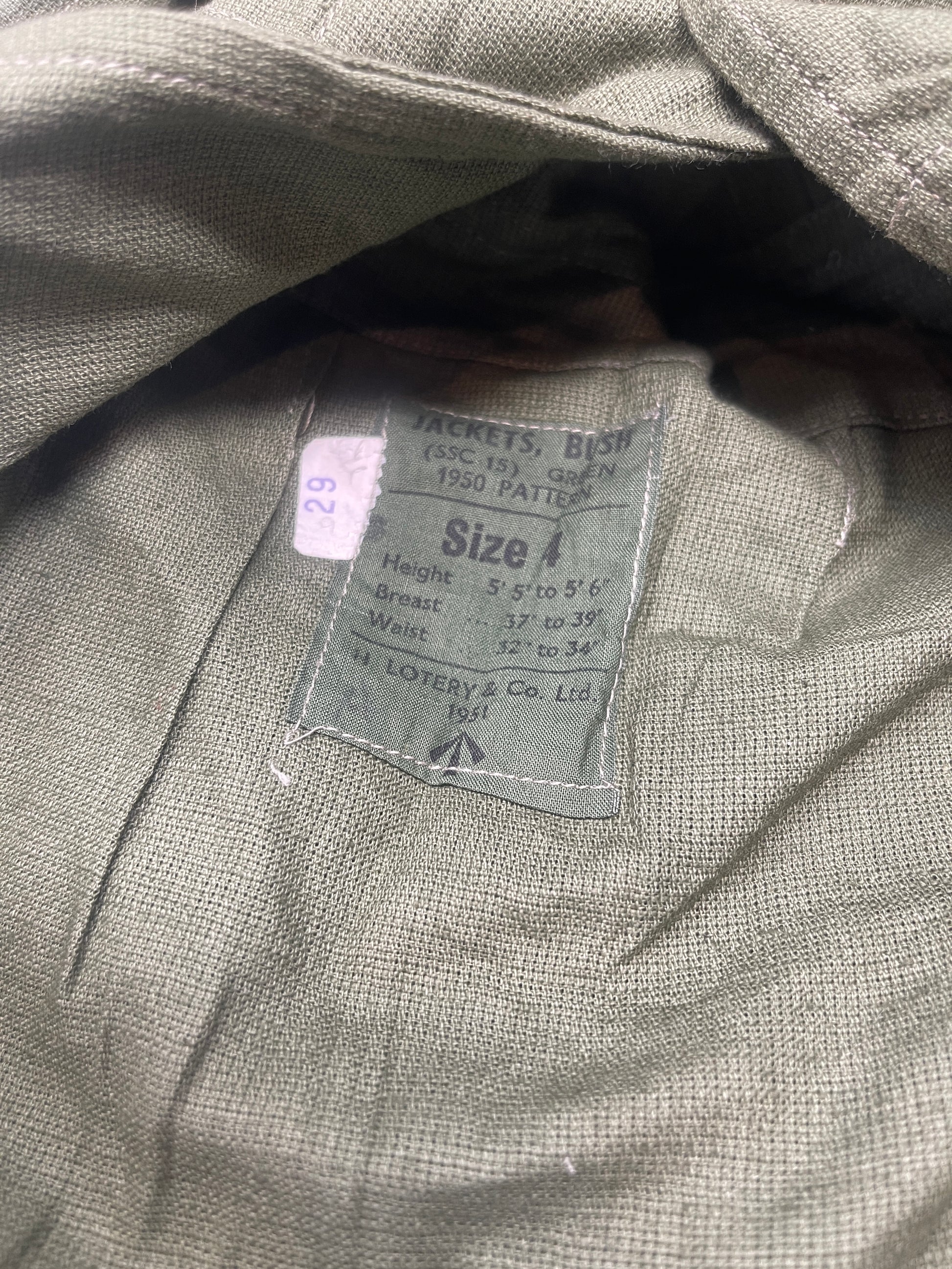 1950 Dated British Army Jungle Green  Bush Jacket  Size 4