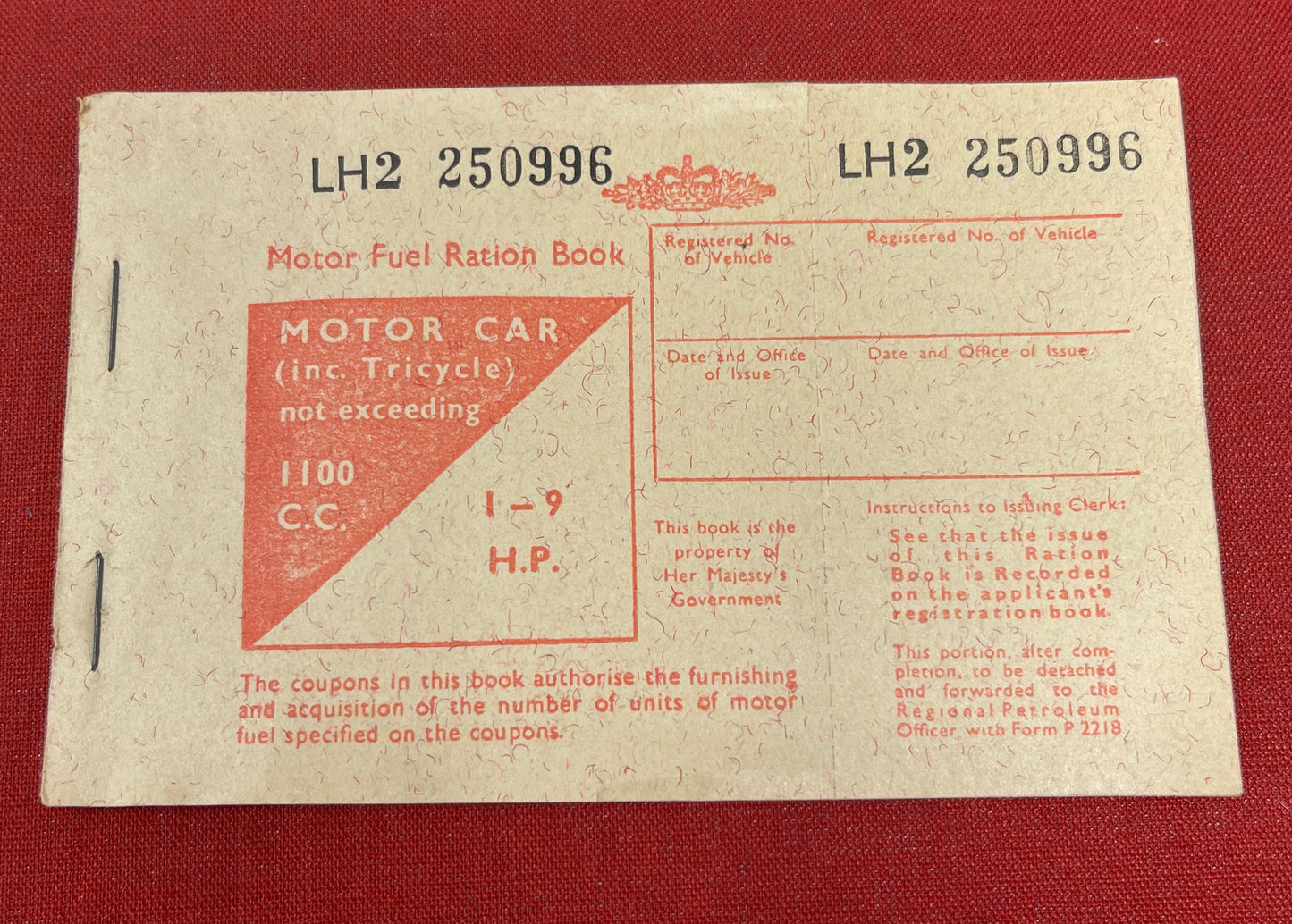 Motor Fuel Ration Book for Motor Car 1100 c.c. 1-9 H.P.
