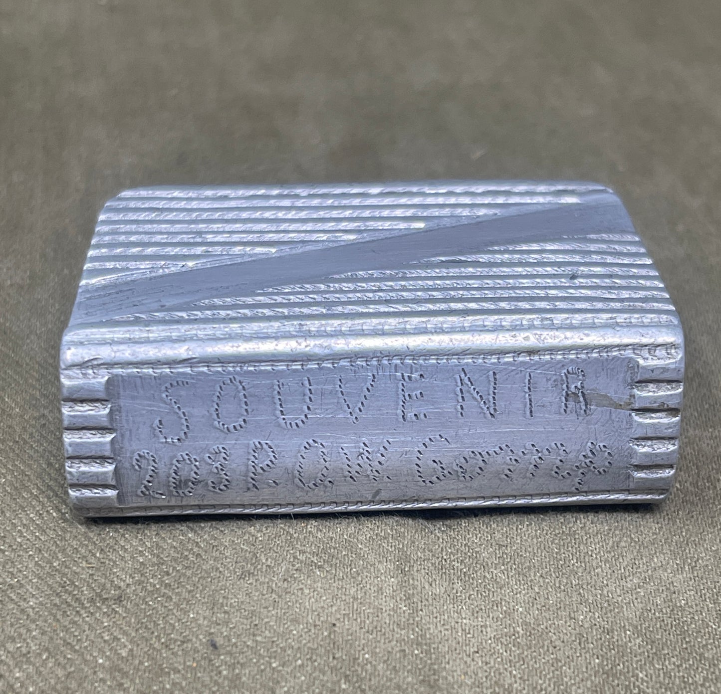 WW2 Aluminium Prisoner Of War Trench Art Matchbox Cover 203 Prisoner Of War POW Camp