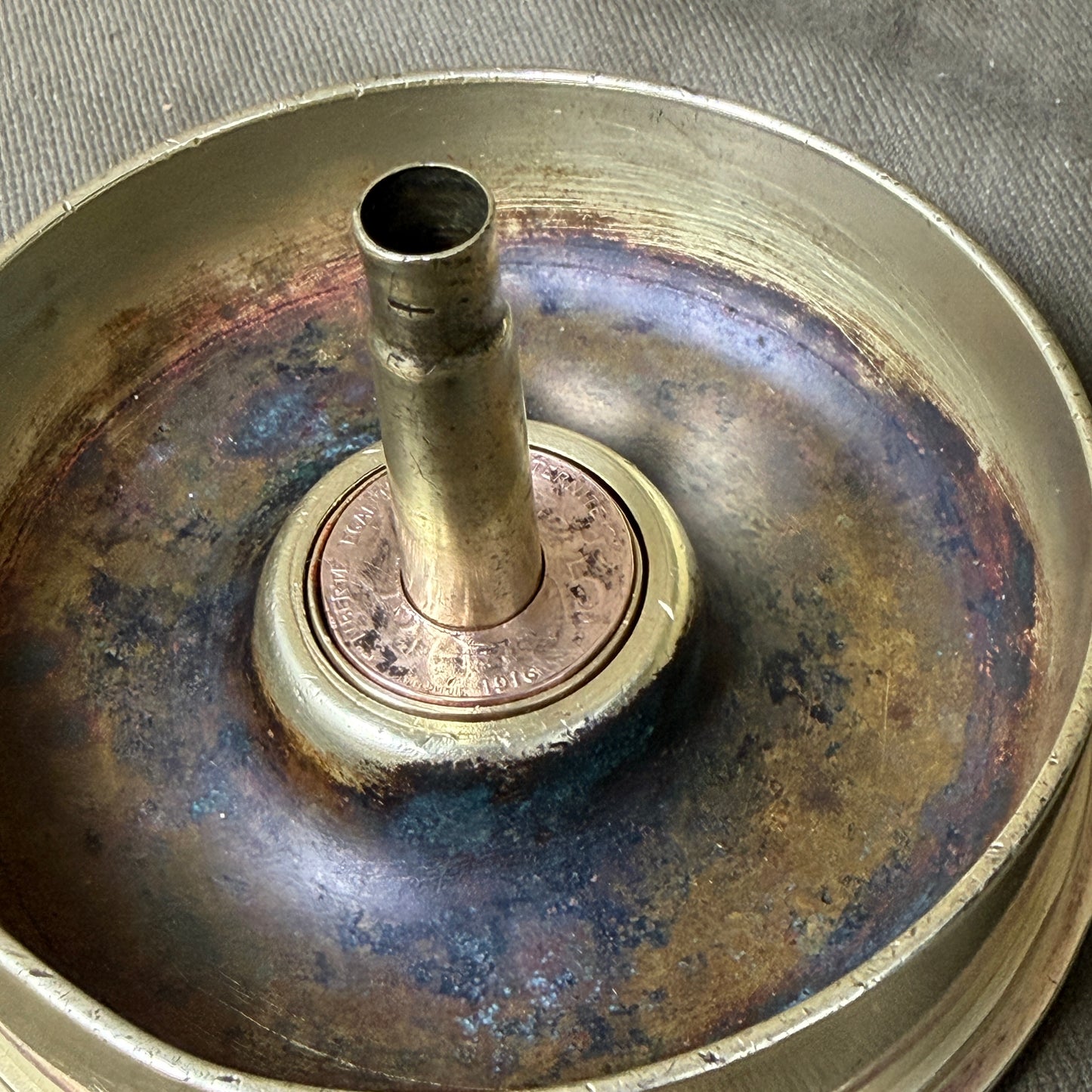 WWI Trench Art Ashtray – 1915 18-Pdr Shell Case, .303 Mk VII & French Coin