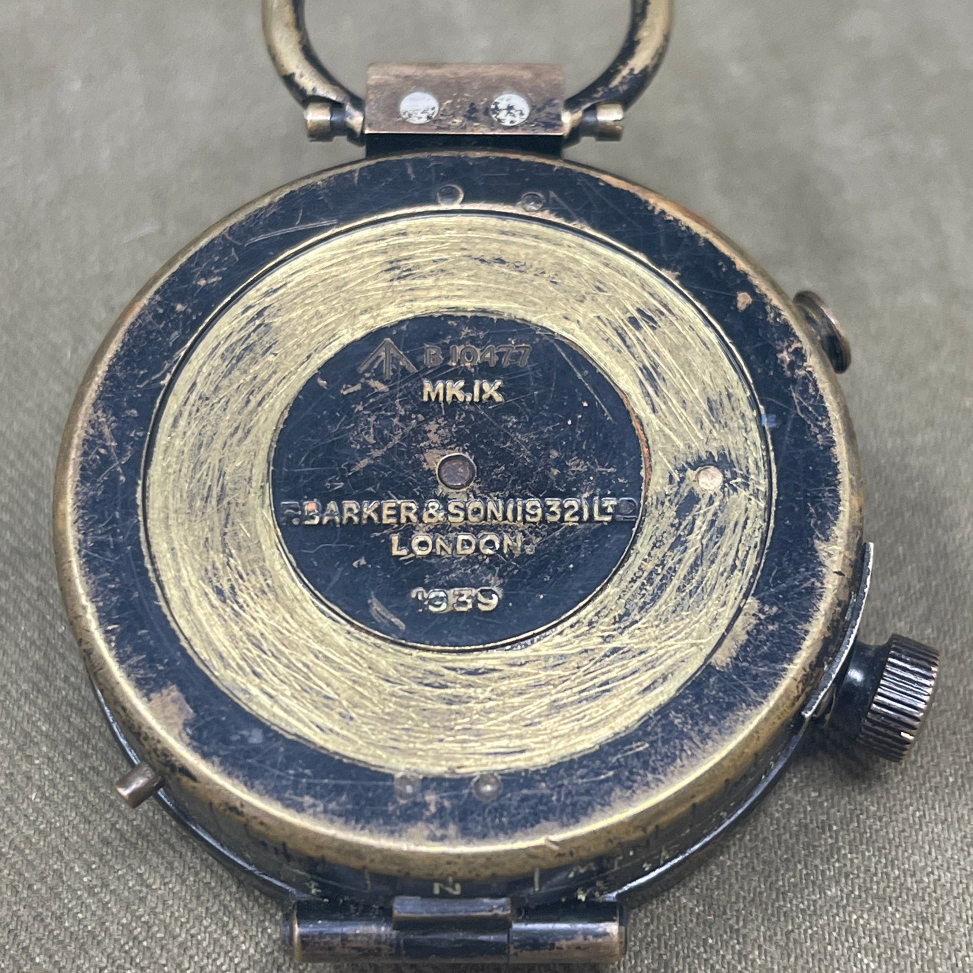 WWII British Prismatic Compass Mk IX – 1939, Barker & Son London, No. 19321L

