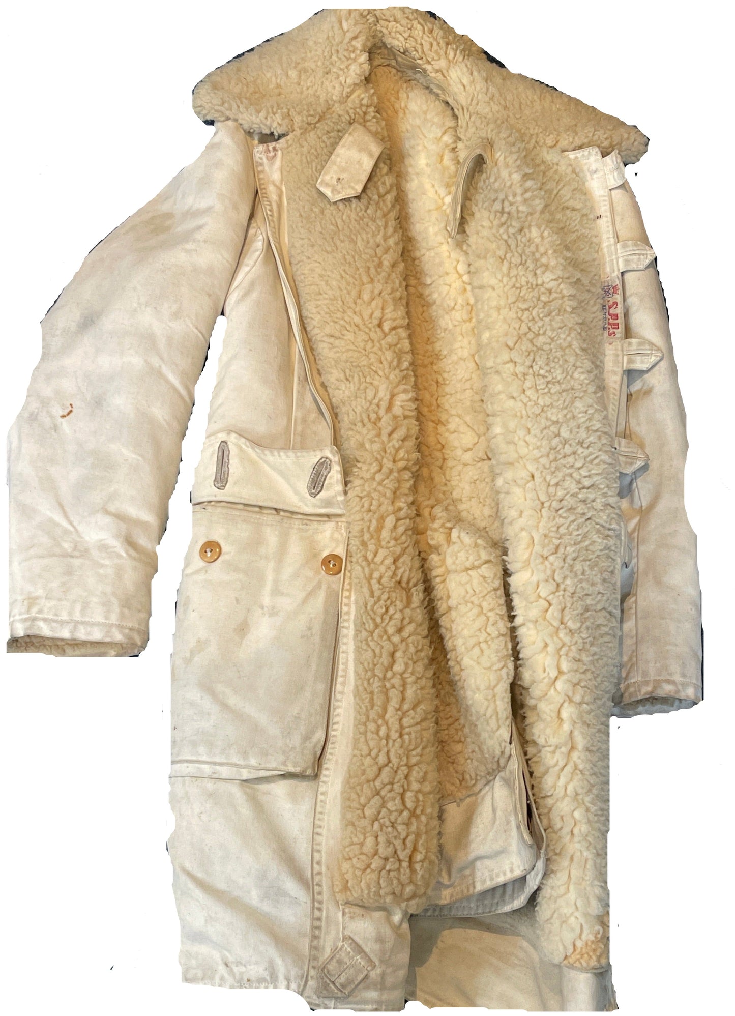 Swedish Army Canvas and Sheepskin Coat Labled SPAA Helmslojd Akta Chromnappa, Crow And PS To Flap