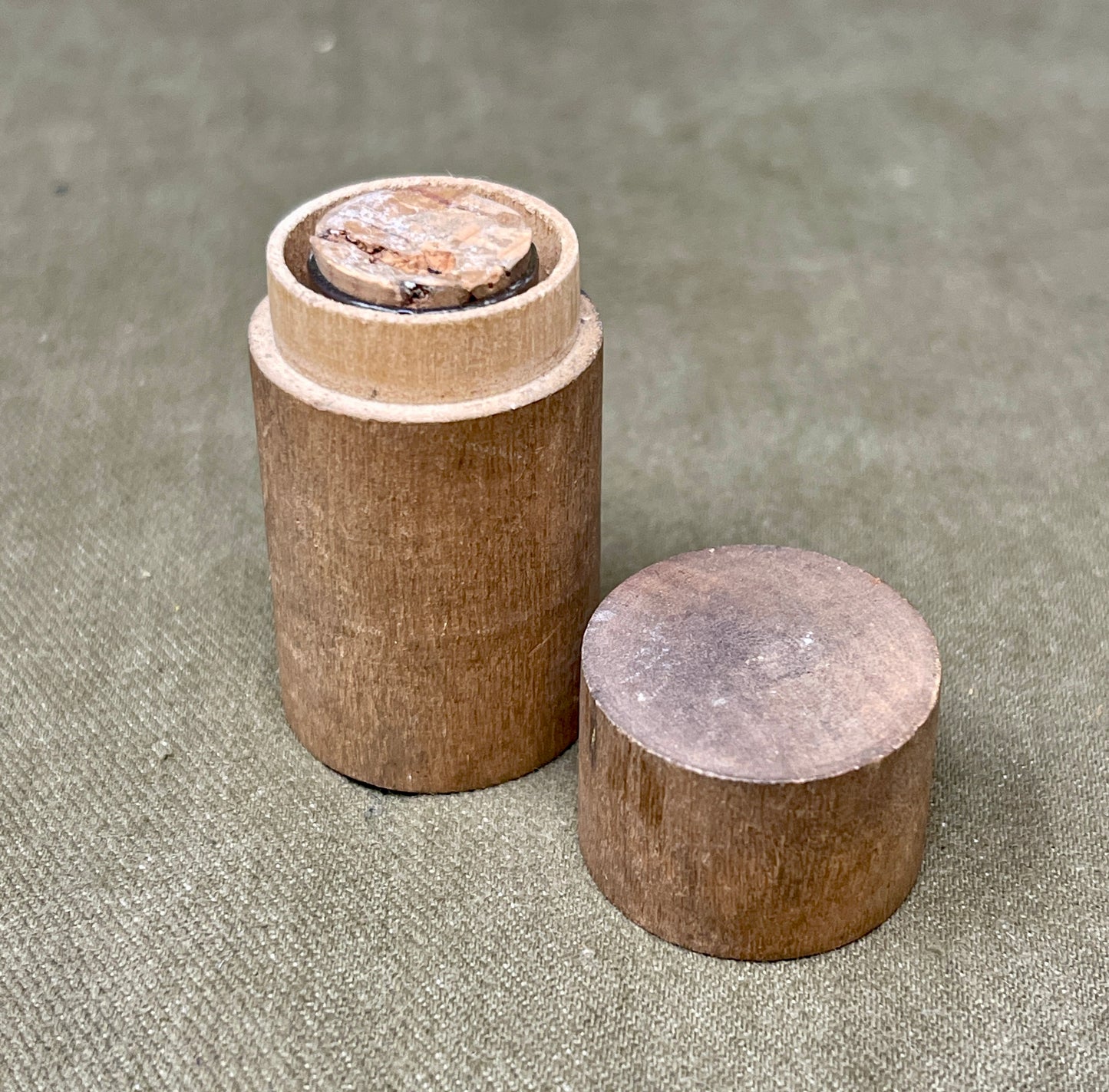 Vintage Wooden Medicine Container with Glass Vial & Cork – Excellent Condition