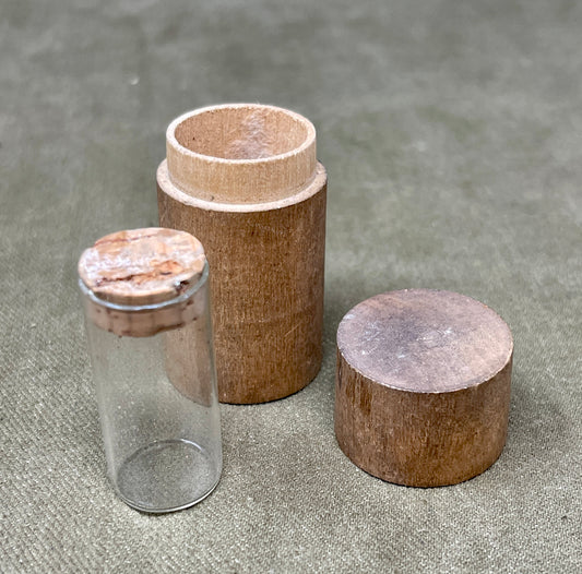 Vintage Wooden Medicine Container with Glass Vial & Cork – Excellent Condition