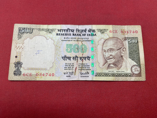 Reserve Bank of India 500 Rupees Mahatma Gandhi series; Serial  6CE034740