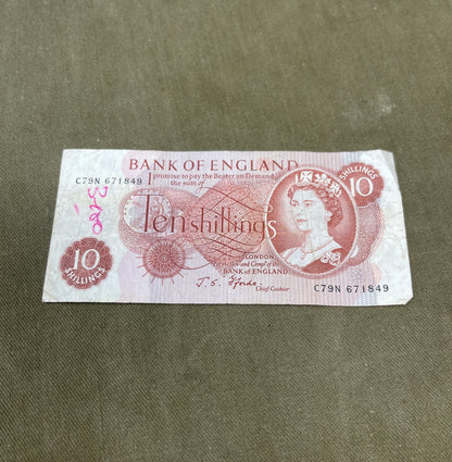 This selection features original Bank of England 10 Shilling notes signed by J.S. Fforde, catalogued as Dugg B309 in the English banknote series. Issued between 1967 and 1970, these notes are iconic pieces of British pre-decimal currency, bearing the classic Britannia design and red-brown colouring. Each note in this lot is in circulated (used) condition, showing varying degrees of wear, creasing, and edge softening typical of handling and circulation. Despite this, the notes remain clear and legible, with 