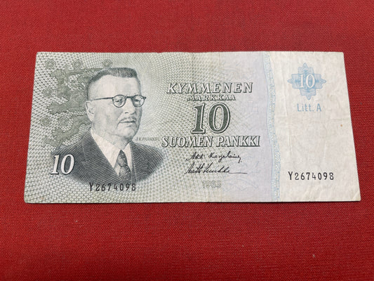 10 Finnish Markkaa banknote Serial Y2674098