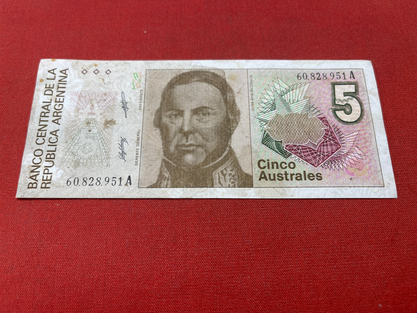 Banco Central Argentina 5 Cinco Australes Serial 60828951A