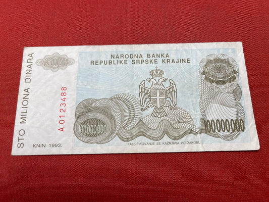 Narodna Banka Republike Srpske Krajine 10000000 Serial A0123488  Date 1993