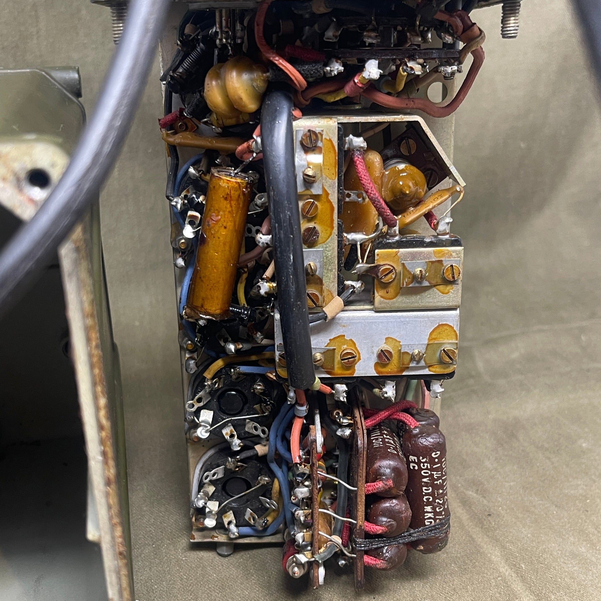 Close-up of electronic components on a metal surface