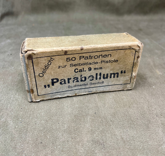 Vintage Parabellum ammunition box on a gray background