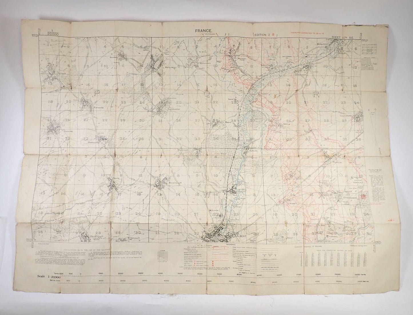 A WWI 1916 linen backed trench map France showing the inside