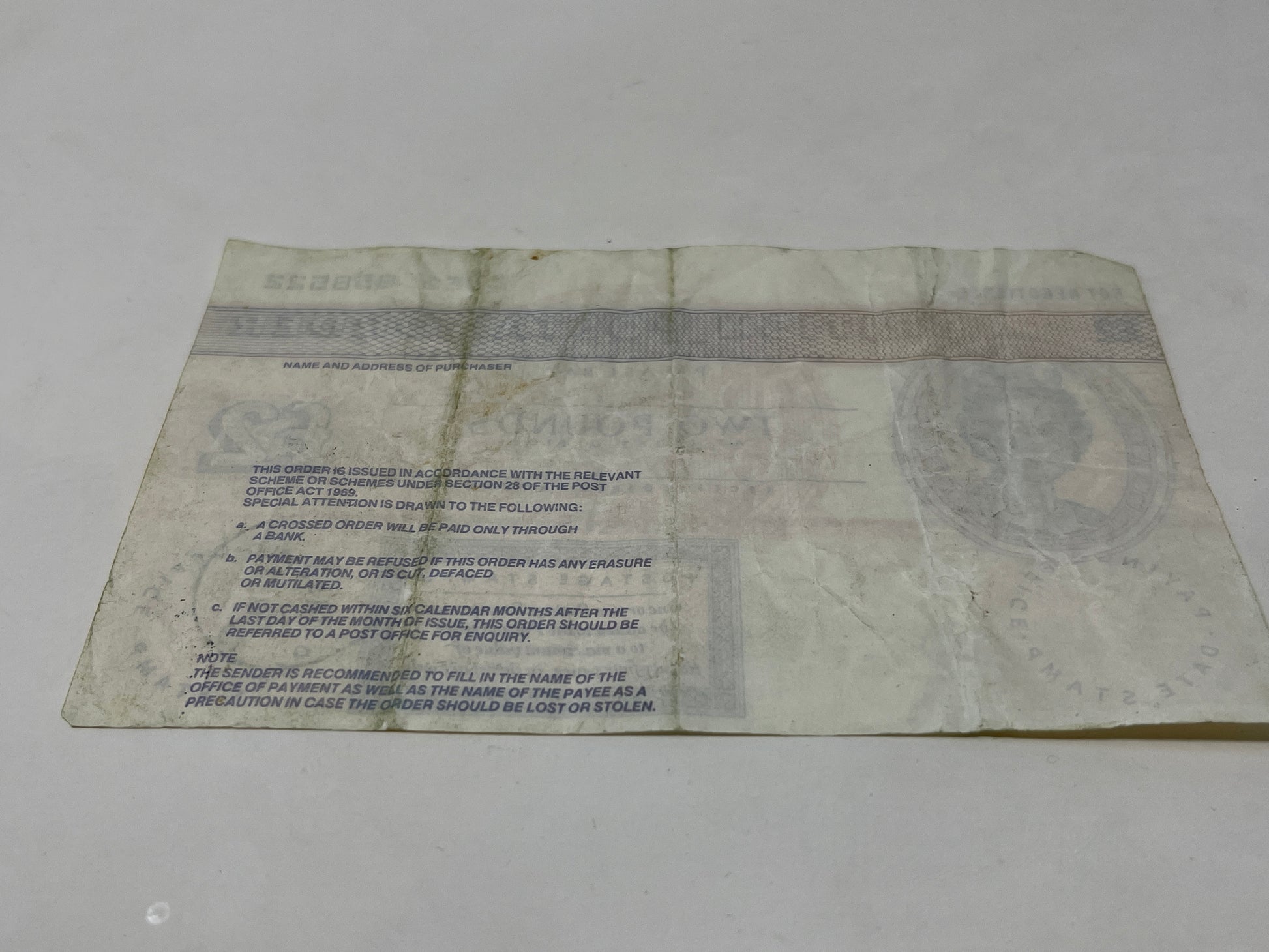 rear of British Two Pound Postal Orde