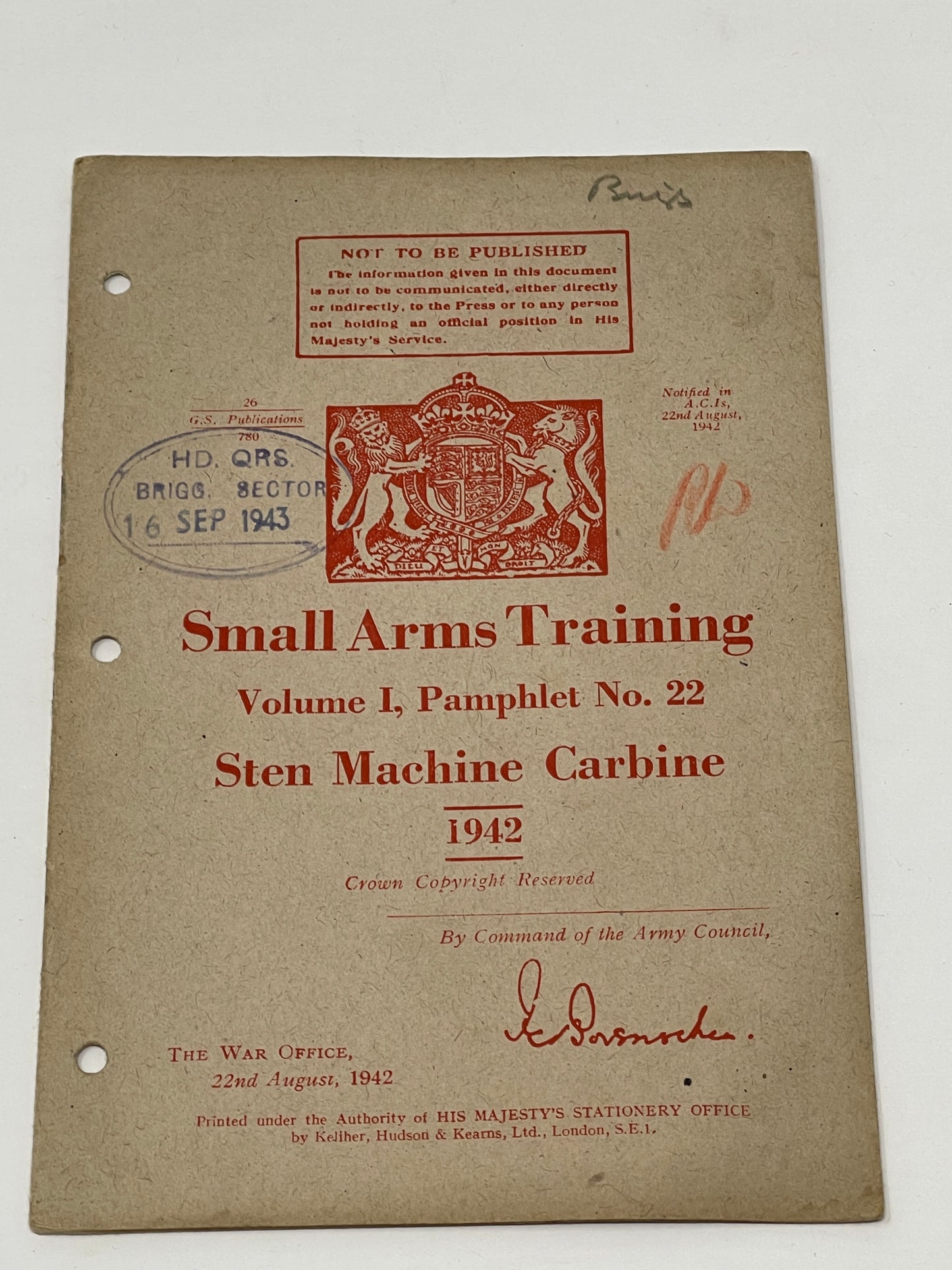 Small Arms Training No 22 Sten Machine Carbine 1942