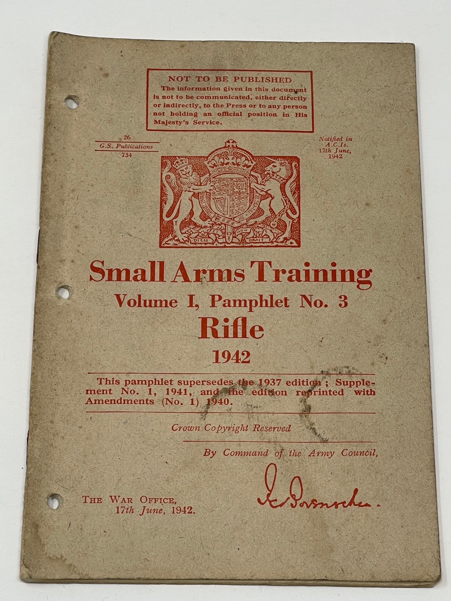 WW2 Small Arms training Vol 1 Pamphlet No 3 Rifle 1942
