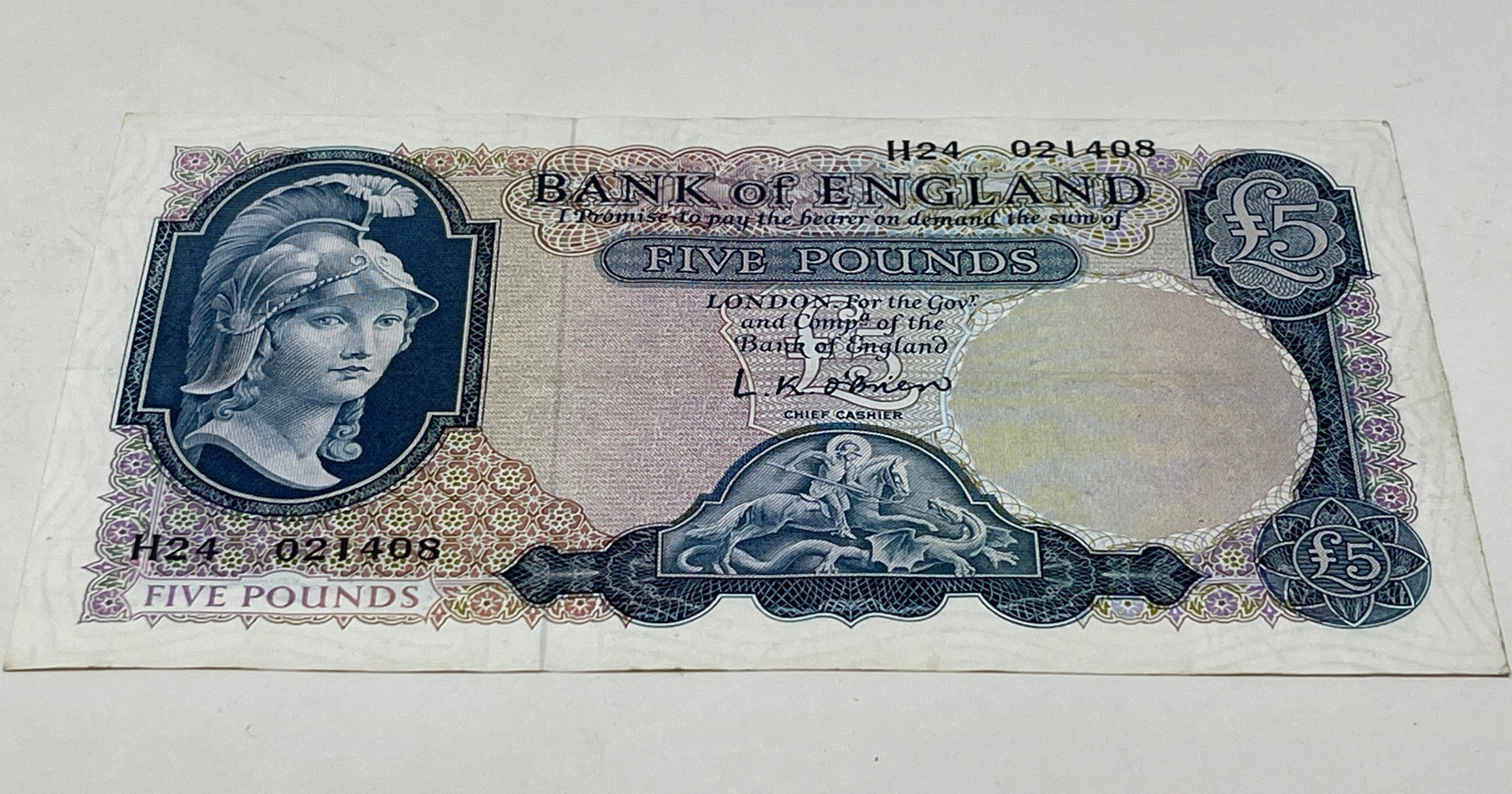 L K O'Brien Britannia Blue £5 Banknote