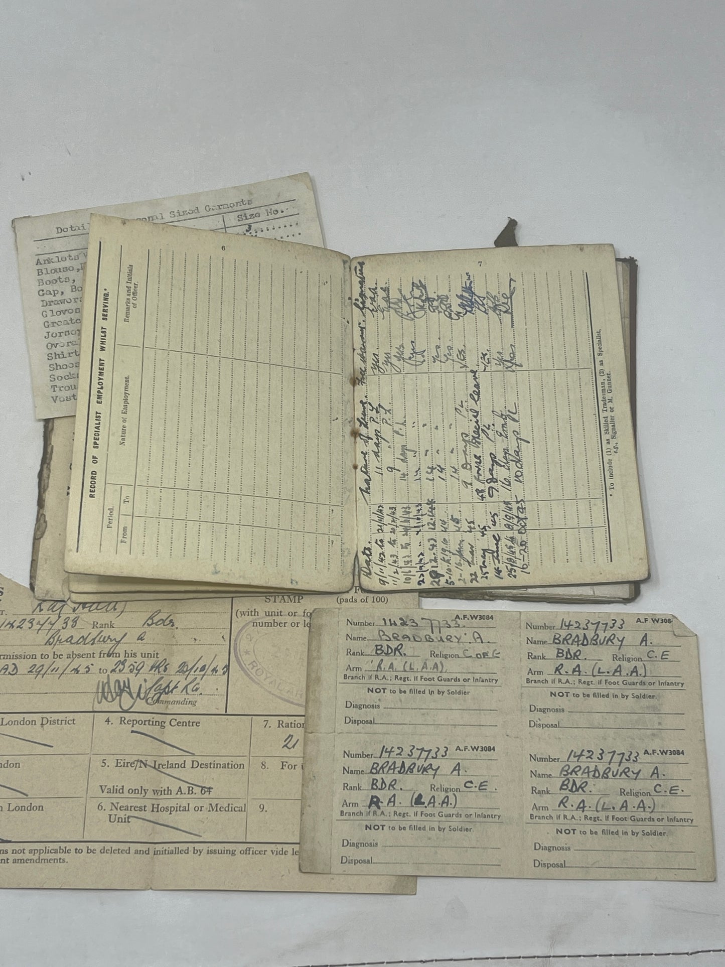 WW2 Military Service Book & Papers relating to A Bradbury