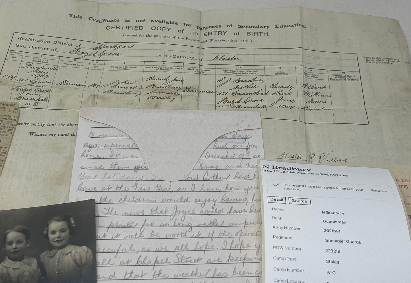 POW Letter, Photos, Birth Certificate relating to N Bradbury Grenadier Guards
