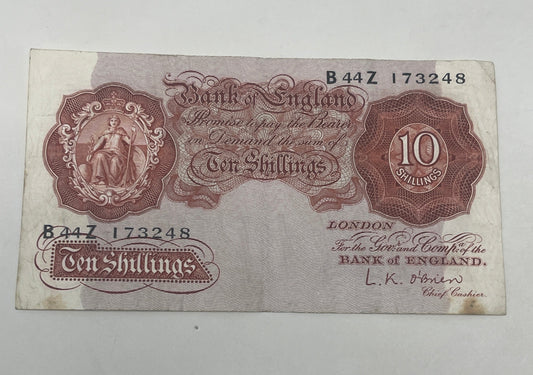 1961 - 1963 Bank of England L K O'Brien Red 10 Shilling Banknote